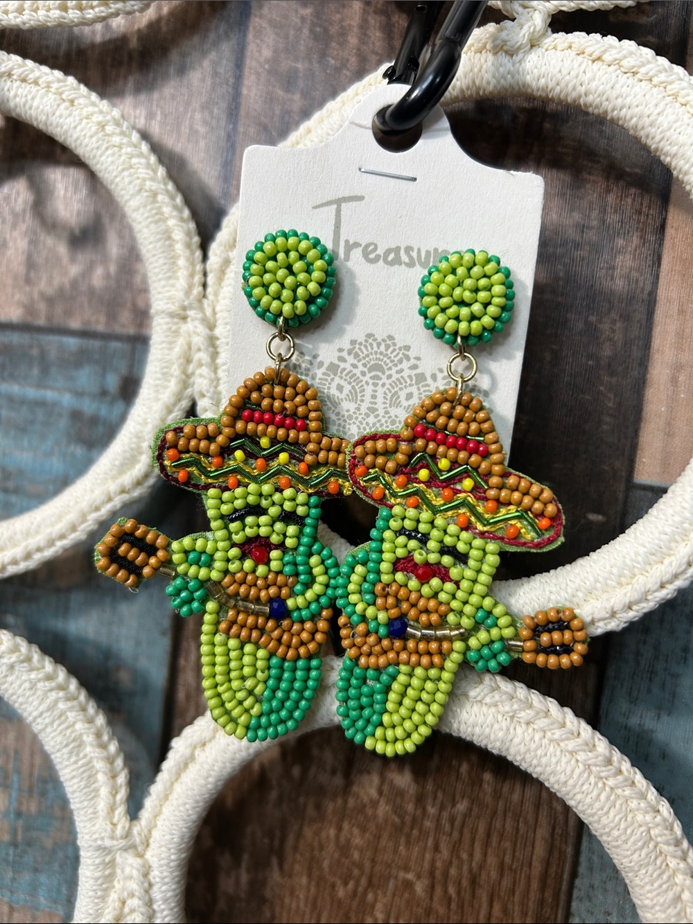 Green Beaded Cactus Earrings with Multicolor Sombrero Accents